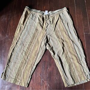 Green boho striped linen blend wide leg cropped pants